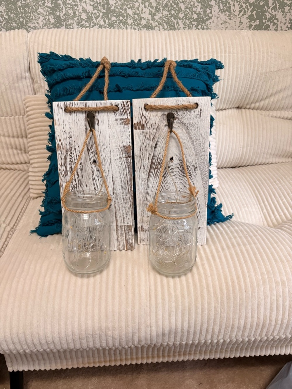 Rustic Whitewashed Mason Jar Wall Lanterns with Jute Hangers.